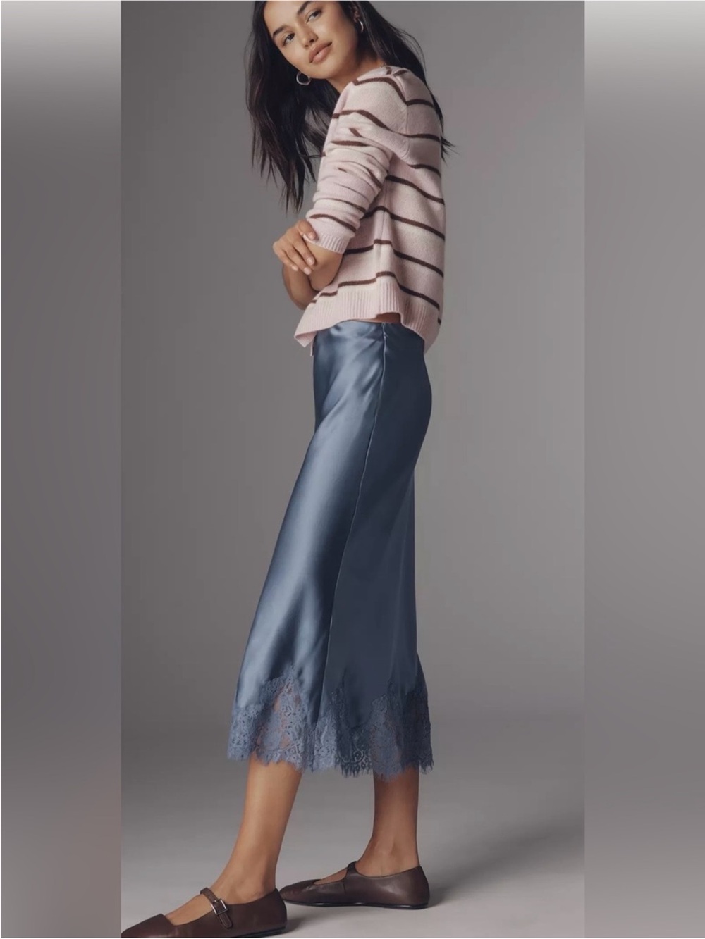 NWT Reformation CORNFLOWER CAROLINA LACE TRIM SILK MIDI SKIRT Size M